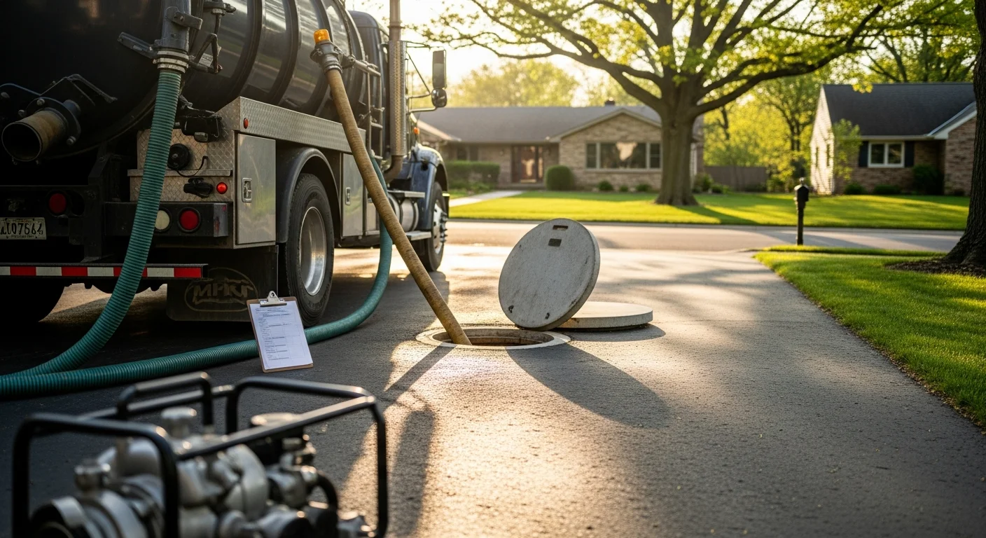 Septic tank service truck at residential property in Michigan
