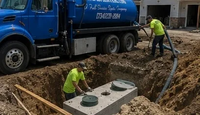 Septic tank installation with concrete tank in excavated pit and vacuum truck on site