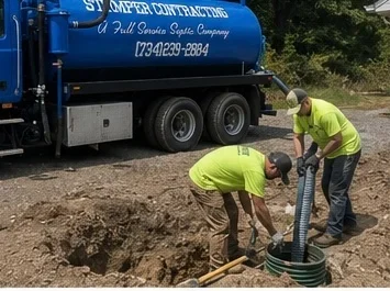 Septic tank pumping with vacuum truck and technicians using hoses