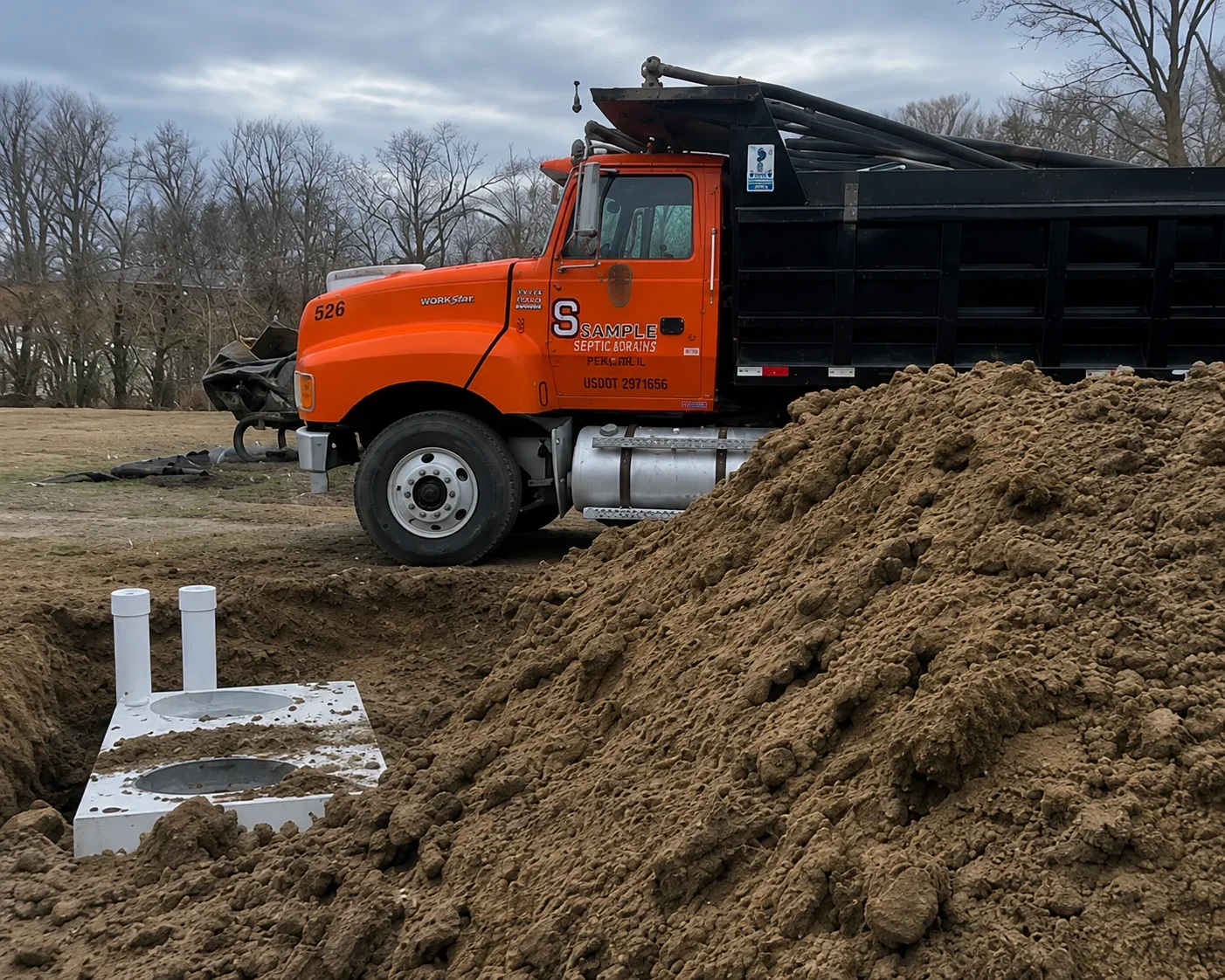 Septic tank installation with concrete tank, vent pipes, and soil backfill material being distributed