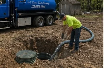 Technician pumping septic tank with vacuum truck and hose