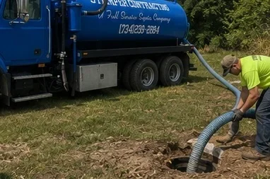 Septic pump truck with technician operating suction hose at residential property