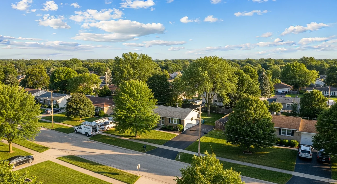 Aerial view of Southeastern Michigan suburban neighborhoods with tree-lined streets and residential properties under clear sky.