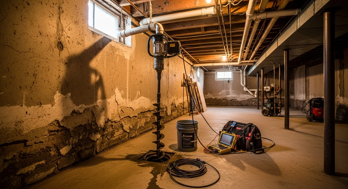 A cleared residential floor drain in a Southeastern Michigan basement, with standing water fully drained and the pipe access point visible. A drain cleaning cable rests beside the open cleanout on a concrete floor.
