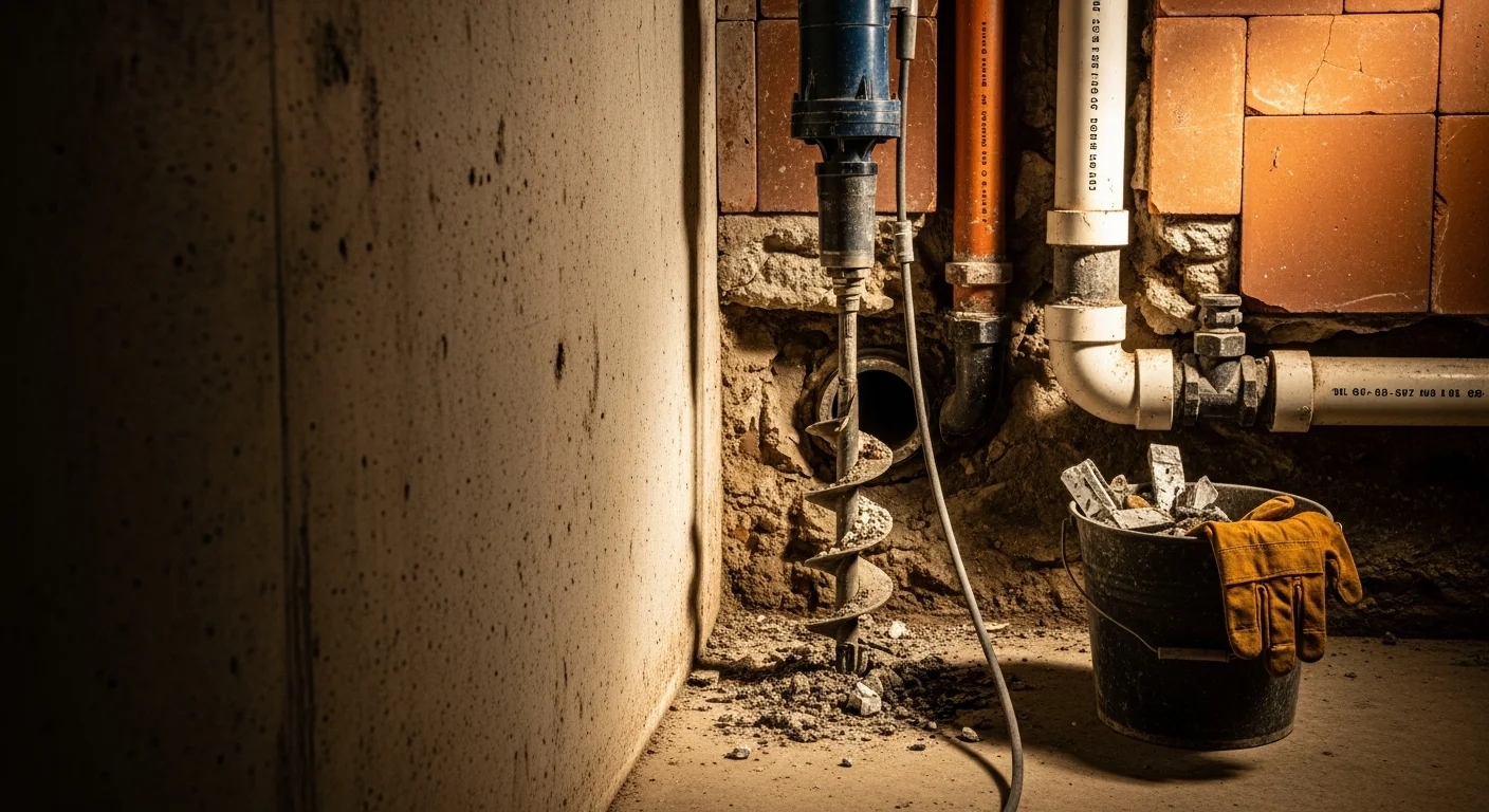 A drain cleaning technician clearing a clogged main sewer line at a residential property in Southeastern Michigan. The image shows professional equipment positioned at a basement floor drain access point in an older home.