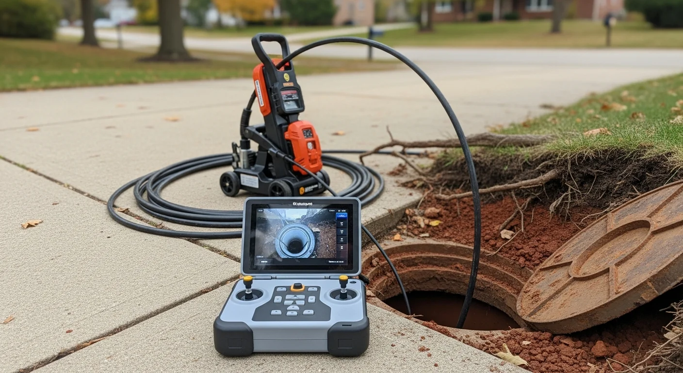 A drain technician from Stamper Contracting feeds a flexible camera line into a residential cleanout access point at a southeastern Michigan home. The camera monitor displays the interior of an aging clay pipe showing early-stage root intrusion along the pipe joint.