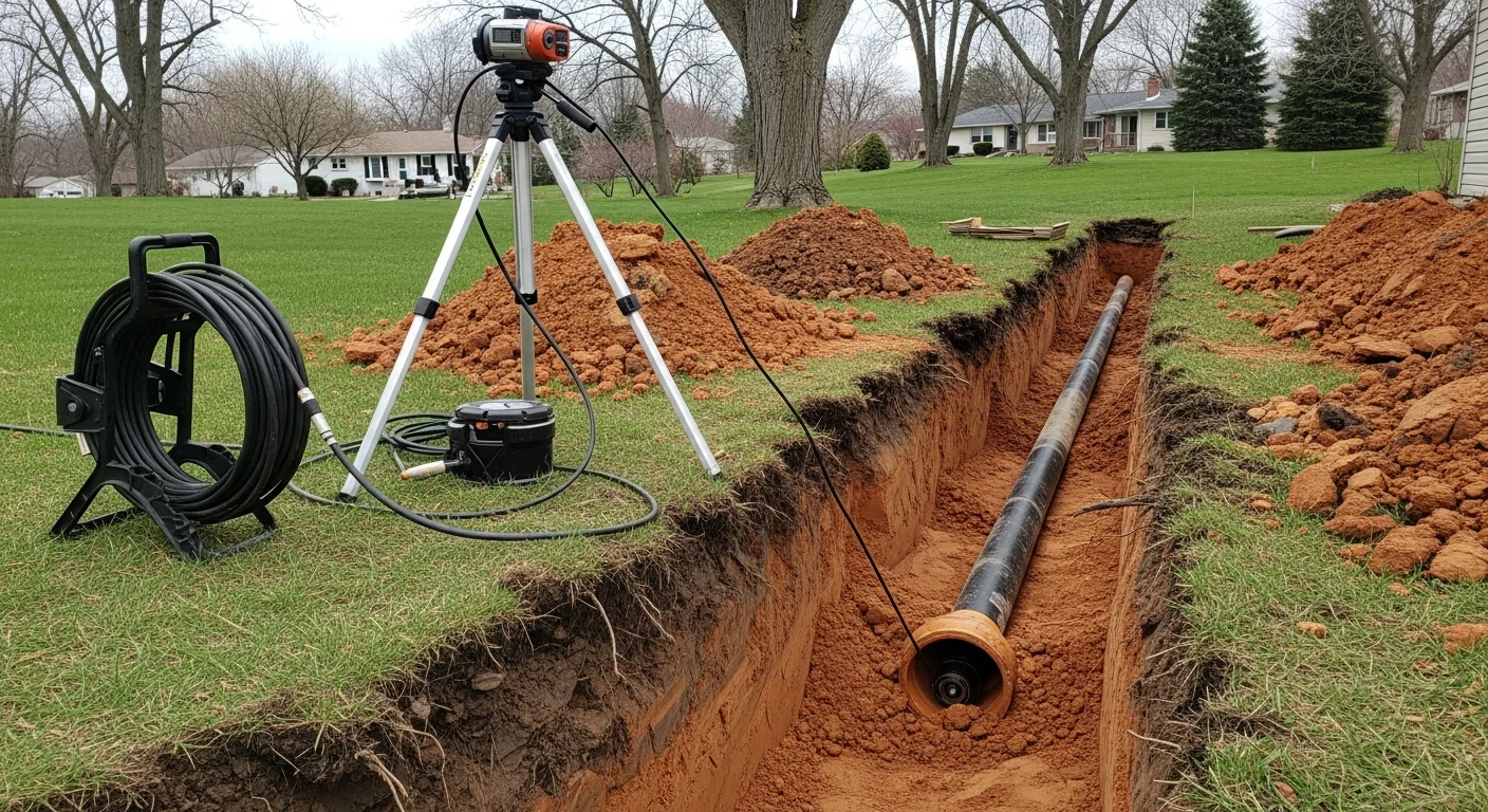 A repaired residential drain line exposed in a shallow trench at a Southeastern Michigan home, showing a clean pipe connection in clay soil. A contractor inspects the completed joint before backfilling.