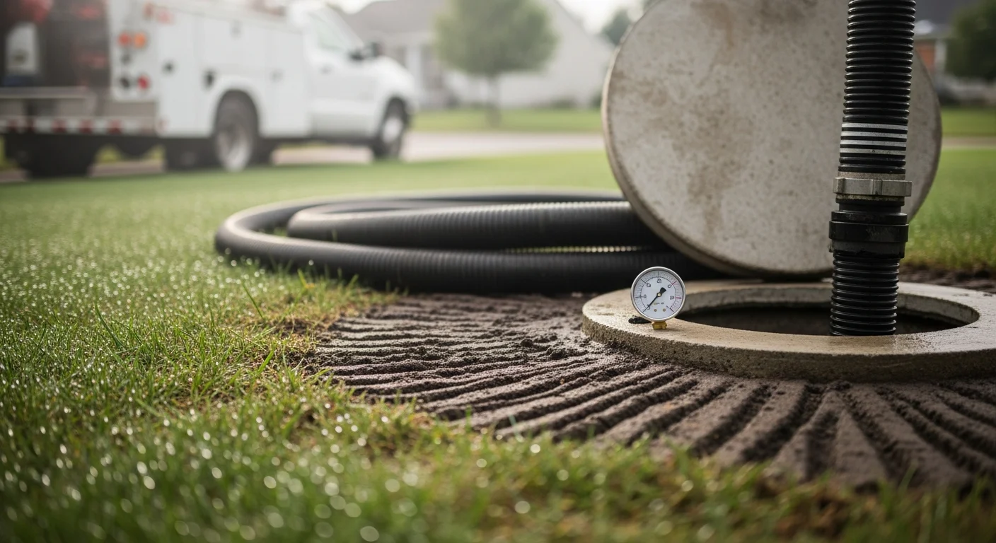 A septic pump truck parked on a residential property in Southeastern Michigan with the tank access lid open and a technician inspecting the system. Surrounding yard shows clay-heavy soil typical of Oakland County properties.