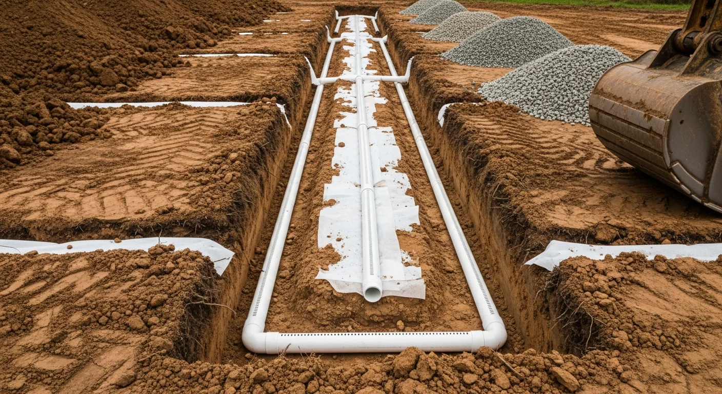 Freshly graded septic drain field trench installation on a residential property in Southeastern Michigan, showing gravel-filled trenches and perforated pipe laid across a clay-soil lot. Excavated field lines extend across a backyard with surrounding native soil visible before final cover is applied.