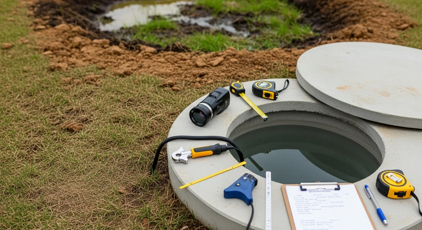 A septic tank access lid open in a Southeastern Michigan residential yard, with a contractor inspecting the tank interior and surrounding drain field area. Clay-heavy soil is visible around the excavation site.
