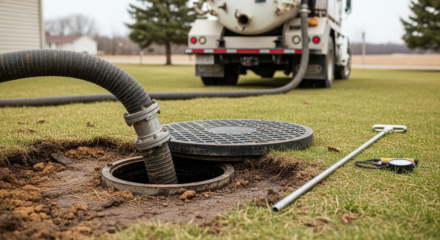 A septic tank access lid open in a residential yard in Southeastern Michigan, with a vacuum hose from a pump truck inserted into the tank during a routine pump-out service. The surrounding lawn shows no standing water or disturbance, indicating a well-maintained system.