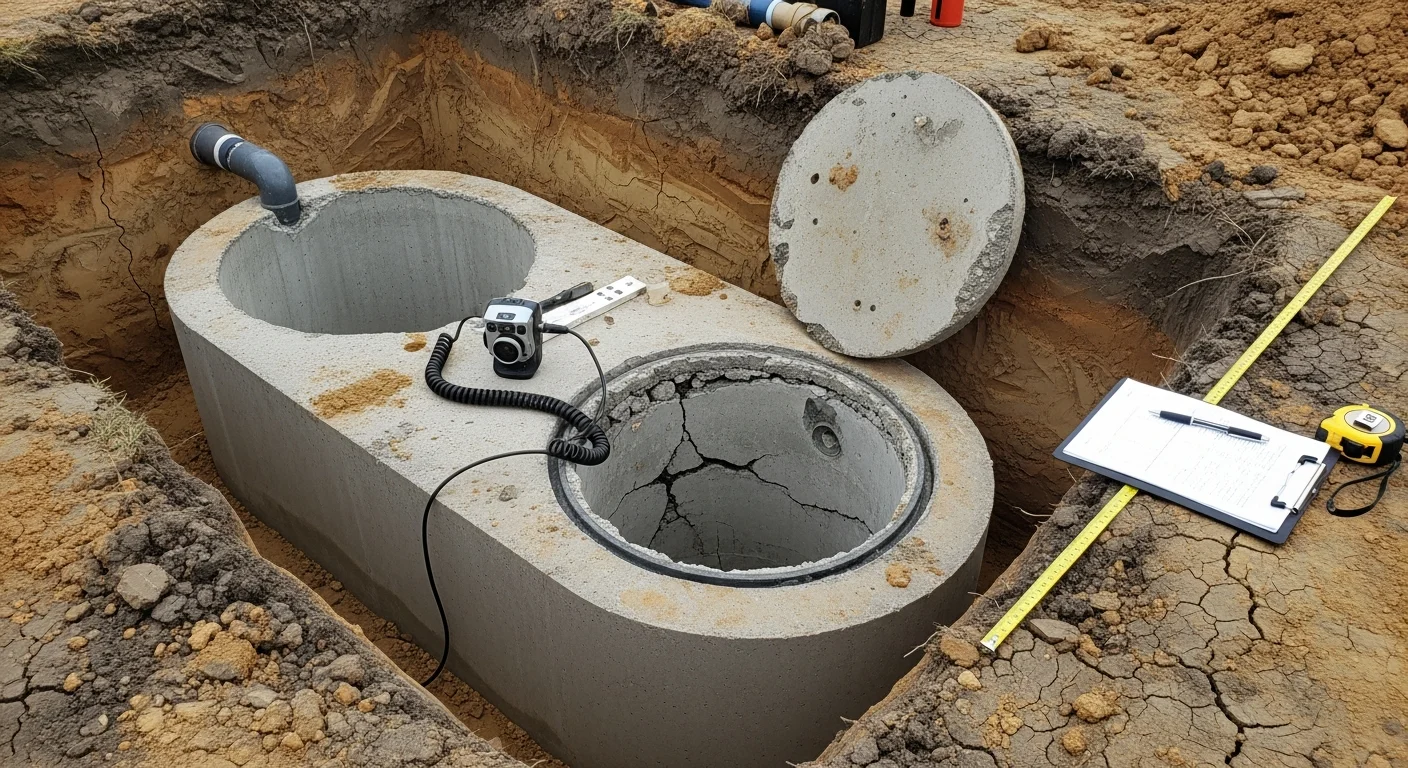A septic tank access lid open in a residential yard in Southeastern Michigan, with a contractor inspecting the tank interior and surrounding soil. Clay soil and a suburban home exterior are visible in the background.